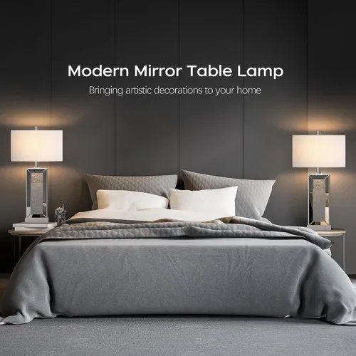Vista 6 de Juego de 2 lámparas de mesa modernas con control táctil, lámpara de mesita de noche con espejo de diamante de cristal de plata con puertos USB C+A