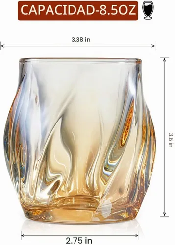 Vista 7 de Juego de 2 vasos de whisky, vasos de rocas, vasos de 8.5 OZ, vasos de cóctel de cristal creativos con diseño retorcido para bourbon, escocés Ámbar