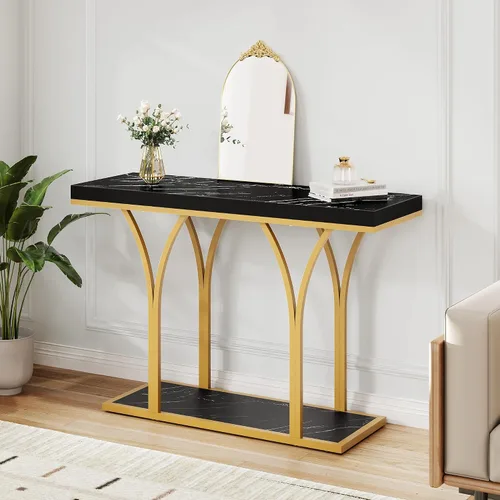 Vista 8 de YITAHOME Mesa consola dorada con luces LED, mesa de entrada, moderna y estrecha mesa auxiliar para sofá lateral con parte superior de mármol