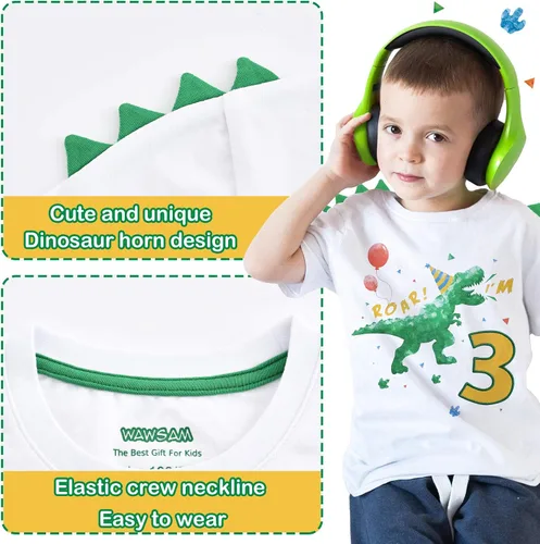 Vista 4 de WAWSAM Camiseta de cumpleaños para niño de 3 años, diseño de dinosaurio, de algodón, color blanco