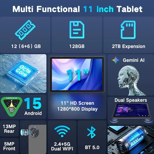 Vista 2 de JUNYANG Tableta, tabletas Android 15 de 11 pulgadas con teclado/estuche/mouse, 12GB+128GB+2TB expandibles, tabletas Octa-Core AI con WiFi 6, batería