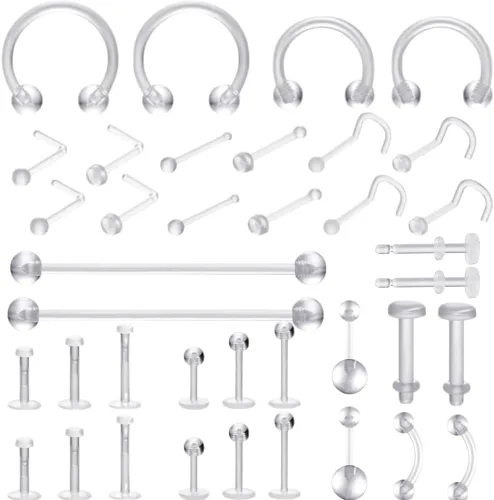 Vista 7 de Clear Plastic Earrings for Sports Work - 16 Gauge Invisible Labret Studs- Flat Push-In Retainers for Ears, Cartilage, Helix, Tragus, Lip, Monroe