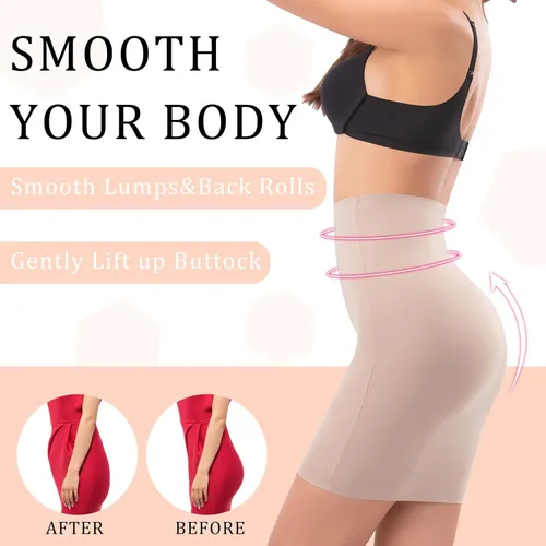 Vista 3 de 2 piezas de medias sandalias para mujer, sin costuras, vestido sin costuras, cintura alta, control de abdomen, falda moldeadora