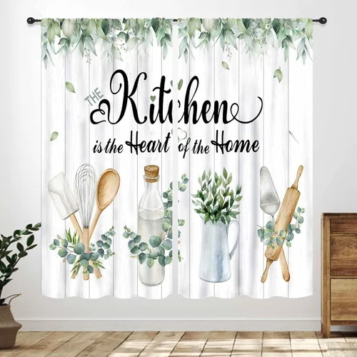 Vista 17 de Cortinas de cocina rústicas, color negro y blanco, tablón de madera con cuchillo y cuchara para barra, bolsillo para barra, tratamiento de ventana