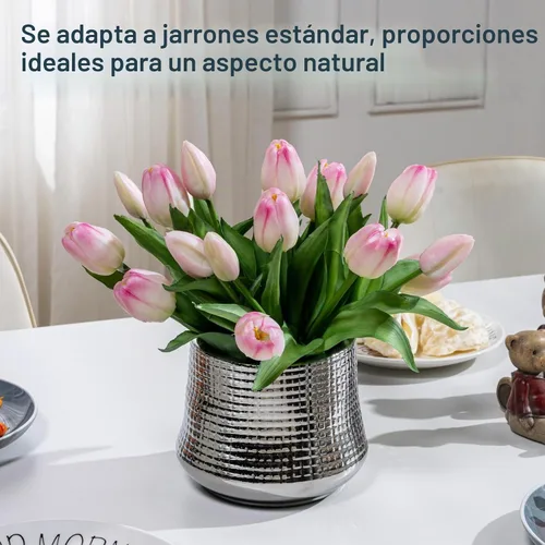 Vista 6 de Bailikang 20 piezas de tulipanes artificiales, flores de seda de tulipanes falsos, ramo artificial de PU, flores artificiales de imitación con caja