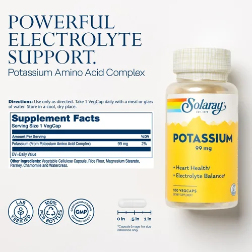 Vista 2 de Solaray Potasio 99 mg - Fórmula de equilibrio de electrolitos - Suplemento de potasio para electrolitos, apoyo vascular y de salud cardíaca