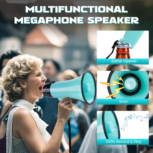 Vista 2 de MyMealivos 20W Megaphone Bullhorn, Built in Siren & 240s Recording, 5.4"×8.6" Portable Megaphone with Volume Control Cover Up to 300 feet+ for