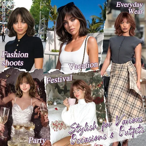 Vista 6 de BARSDAR Synthetic Short Layered Brown Highlights Bob Wig with Wispy Bangs