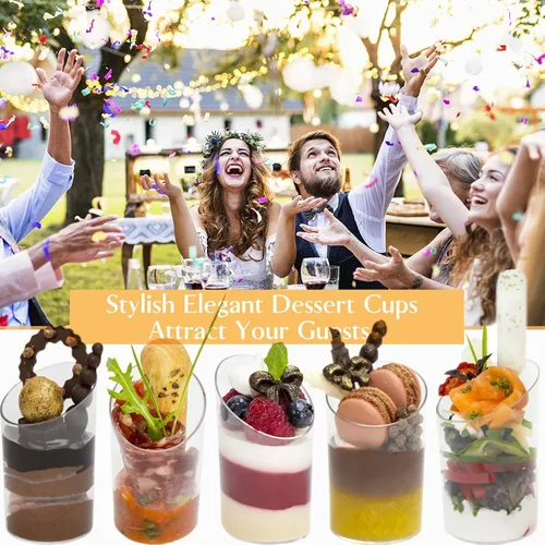 Vista 4 de TOFLEN Paquete de 100 mini tazas de postre con cucharas, tazas redondas de plástico para postres de 2.2 onzas, tazas inclinadas para aperitivos