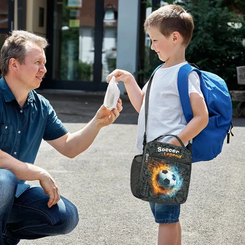 Vista 8 de Clastyle Bolsa de almuerzo con aislamiento 3D para niños, bolsa térmica grande para niños, picnic, escuela, lonchera tote, fútbol de fuego