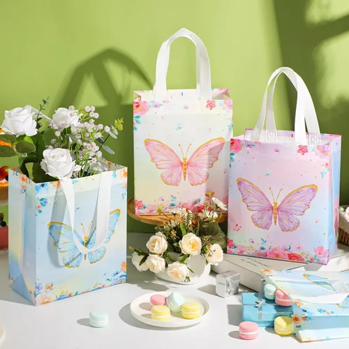 Vista 3 de Locmeo 24 bolsas de favor de fiesta de mariposa con asas, reutilizables, no tejidas, bolsas de dulces de mariposa rosa, azul y morado, bolsa