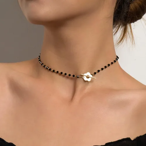 Vista 5 de Rrdaily Gargantilla bohemia de cristal negro para mujeres, adolescentes y niñas, gargantilla de flores con piedras preciosas delicadas, collar