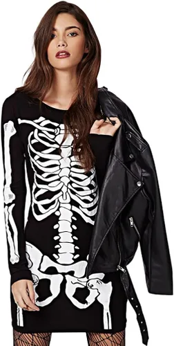 Vista 5 de RieKet - Disfraz de esqueleto para mujer de manga larga elástico y corto para Halloween