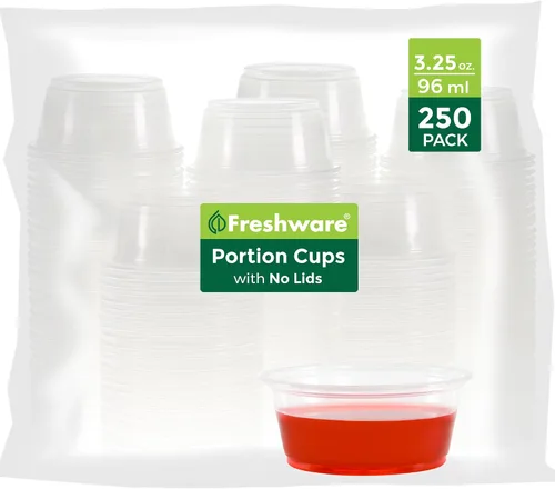 Vista 8 de Freshware Vasos de plástico para porciones (sin tapas) [4 onzas, 250 unidades] Vasos de plástico desechables para preparación de comidas, aderezos