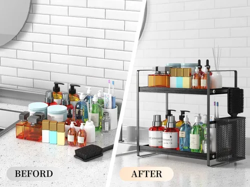 Vista 6 de LEMIKKLE Organizador de Baño para Encimera, Organizador de Mostrador para Decoración de Baño, Estante de Fregadero de Madera para Almacenamiento