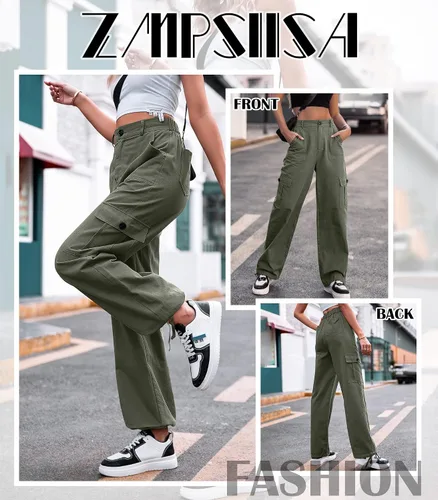 Vista 4 de ZMPSIISA Pantalones cargo de cintura alta para mujer, pantalones casuales de pierna ancha, 6 bolsillos, pantalones militares de combate