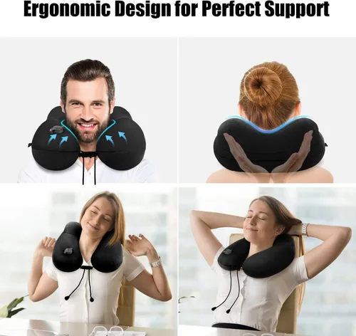 Vista 2 de Almohada inflable para el cuello de viaje para aviones, soporte de cuello de terciopelo súper suave, firmeza ajustable, almohada inflable