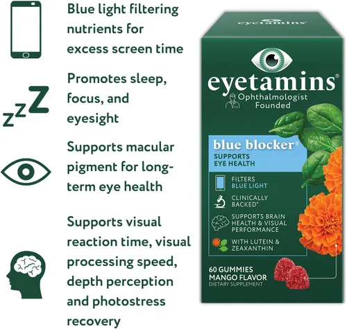 Vista 3 de eyetamins Blue Blocker® Eye Health - 60 gomitas de luteína - Desarrolladas por oftalmólogos - Apoya la visión, filtra la luz azul y ayuda a