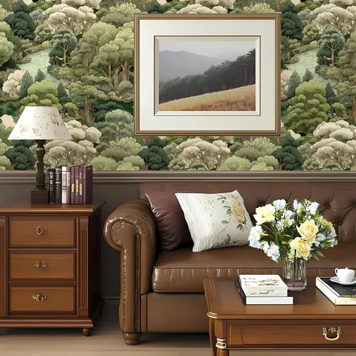 Vista 2 de Papel Tapiz de Bosque Vintage Despegar y Pegar Removible Naturaleza Botánico Árbol Río 17.7" x 118.11" Papel de Pared Acuarela Autoadhesivo Papel