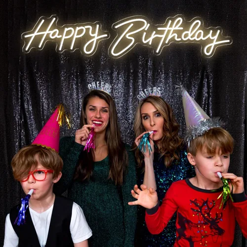 Vista 5 de Letreros de neón súper grandes de feliz cumpleaños para telón de fondo, luz de neón grande de 44.5 pulgadas con atenuador remoto, letreros LED