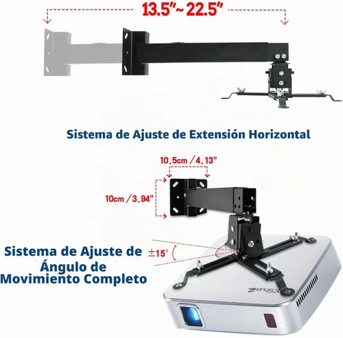 Vista 4 de Proyector universal para montaje en techo o pared, color negro con brazos extensibles, altura ajustable de 16.9 a 25.6 pulgadas, soporte con bracket