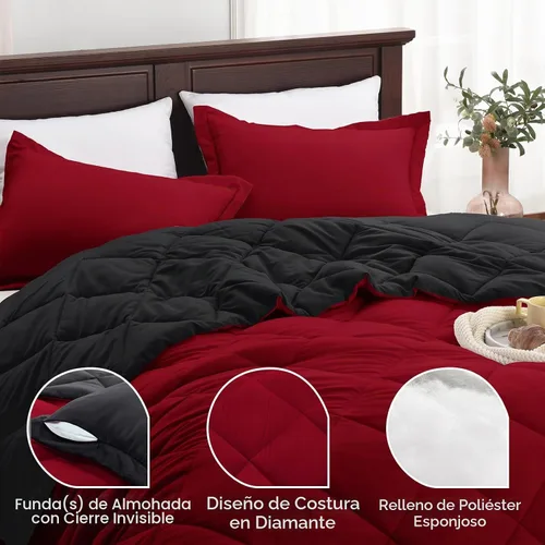 Vista 4 de Juego de edredón tamaño individual – Juego de edredón de color rojo individual, juego de edredón reversible para todas las estaciones, negro/rojo, 1