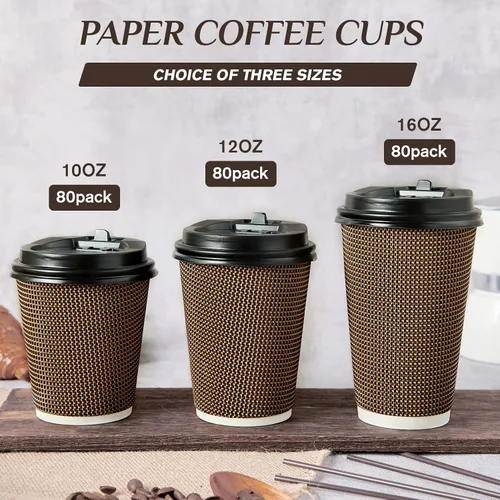 Vista 7 de LITOPAK Paquete de 80 tazas de café de papel de 10 onzas, tazas de café caliente con pared ondulada aislada con tapa y pajitas, tazas de tres capas