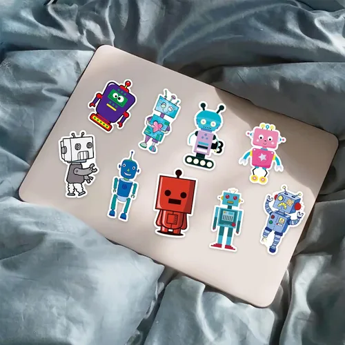Vista 7 de 50 calcomanías de robot bonitas, calcomanías impermeables de vinilo con temática científica para computadora, patineta, laptop, botella de agua