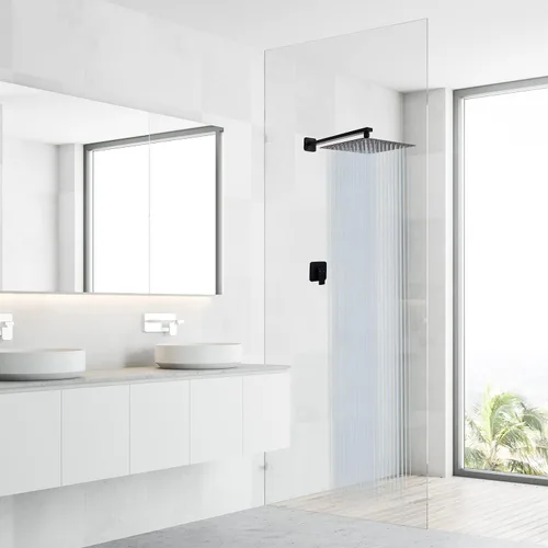 Vista 3 de Grifo de ducha negro mate de una sola función con válvula áspera, sistema de grifo de ducha de lluvia de baño, cabezal de ducha cuadrado de acero