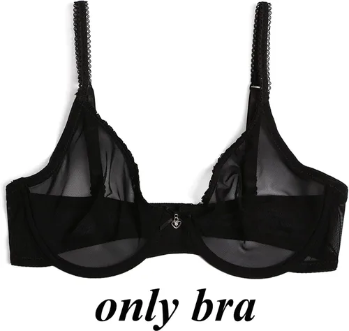 Vista 5 de Conjunto de sujetadores y bragas transparentes sin forro de malla sexy para mujer, talla grande