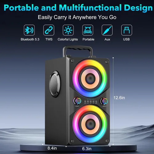 Vista 3 de Altavoz Bluetooth de 100 W, portátil, grande, potente, graves profundos, sonido fuerte, inalámbrico Boombox con subwoofer TWS luces LED DSP grandes