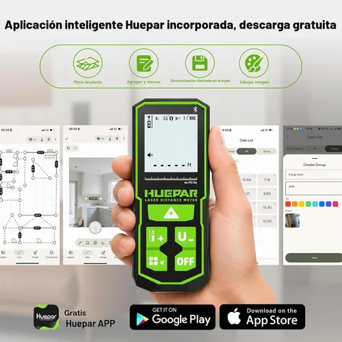 Vista 2 de Herramienta de medición láser con aplicación Bluetooth, 200 pies, ± 1/16 pulgadas de alta precisión, medidor de distancia láser de haz verde