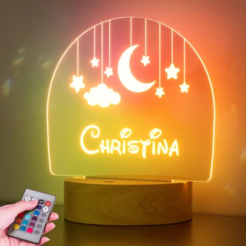 Vista 10 de Luz de noche personalizada con nombre de bebé para niños, niñas, niños, decoración de guardería con estrellas y nubes de acrílico - Incluye control