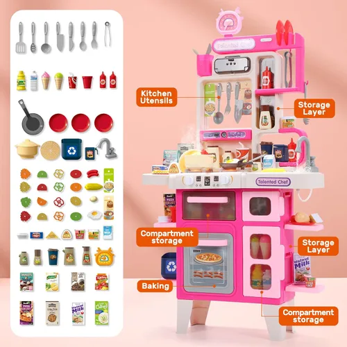 Vista 8 de CUTE STONE Juego de cocina para niños, juego de cocina con sonido y luz, estufa de cocina con vapor, fregadero de juguete, juguete de comida