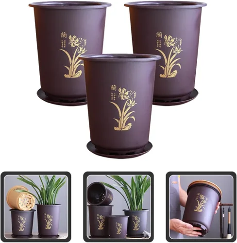 Vista 9 de 3 Sets Orchid Flower Pots Plastic Planters with Drainage Tray