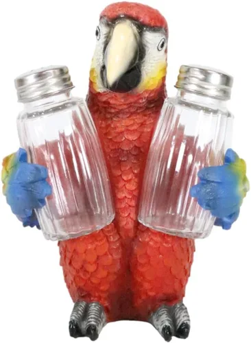 Vista 5 de Ebros Gift Paquete de 2 saleros y pimenteros con diseño de selva tropical de río rojo escarlata, guacamayo, pájaro, salero y pimentero y botellero