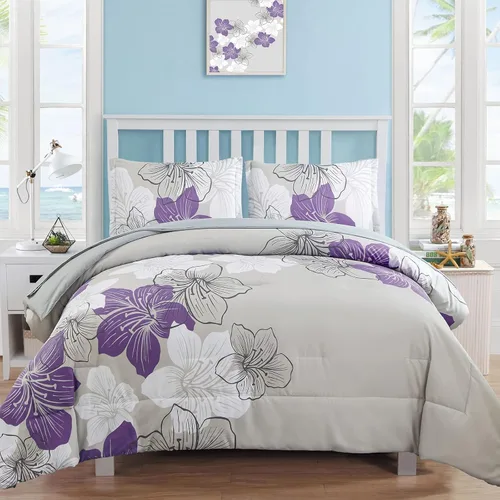 Vista 20 de Luxudecor Juego de edredón floral tamaño individual, 6 piezas de cama en una bolsa, edredón floral azul y juego de sábanas, juego de ropa de cama
