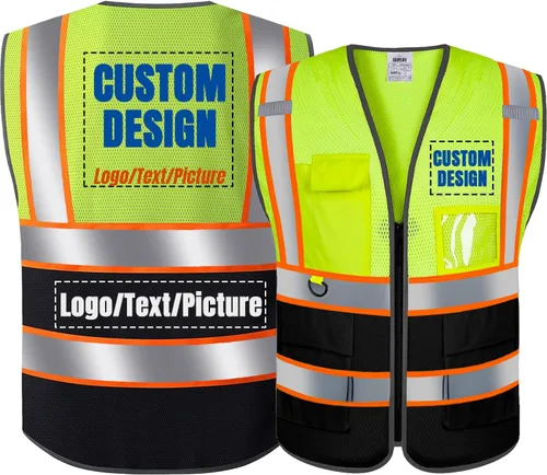 Vista 7 de BeautyWill Chaleco de seguridad con logotipo personalizado Class2 Chaleco reflectante de alta visibilidad con bolsillos y cremallera chaleco