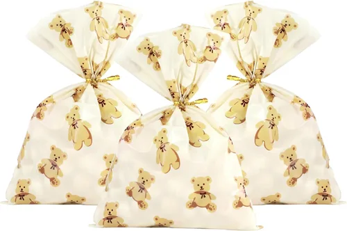 Vista 18 de 100 bolsas de celofán, bolsas de celofán transparente impresas con estrellas doradas de 3 x 5 pulgadas, 100 lazos giratorios, para envolver regalos