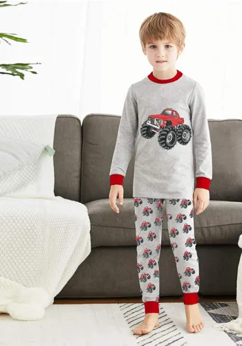 Vista 2 de Pijamas para niños pequeños, 100 % algodón, dinosaurio, 2 piezas, camión, ropa de dormir de 2 a 7 años