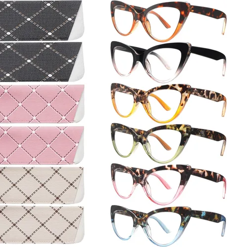 Vista 9 de Pack de 6 gafas de moda de ojo de gato para mujer con bloqueo de luz azul, bisagras de resorte extra grandes, lentes para computadora