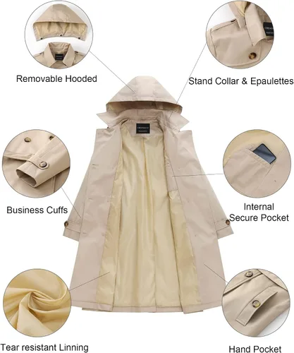 Vista 5 de CREATMO US Gabardina larga para mujer, doble botonadura, clásica, con solapa, con cinturón y capucha desmontable