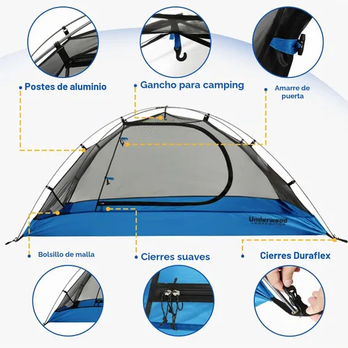 Vista 3 de Tienda de campaña para mochilero de 1/2 persona para camping, tienda de campaña ultraligera e impermeable, tienda de campaña compacta fácil