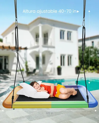 Vista 3 de Everyfun Columpio de árbol para niños y adultos, columpio de plataforma rectangular impermeable de 60 pulgadas, 700 libras resistente con correas