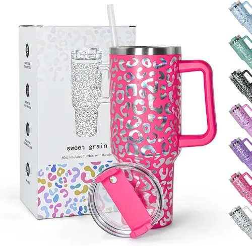 Vista 9 de Sweet Grain - Vaso de 40 onzas con asa y pajita, mantiene las bebidas frías hasta 24 horas, vaso aislado al vacío de acero inoxidable con diseño