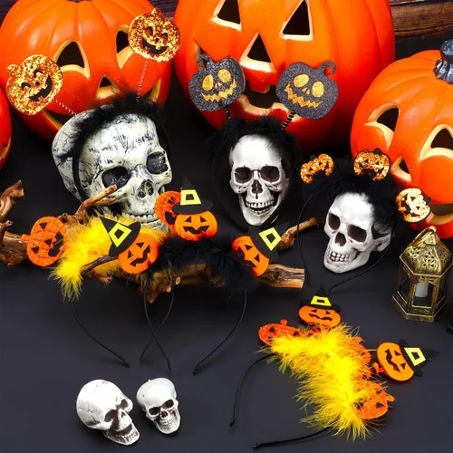Vista 3 de Yexiya 6 diademas de calabaza de Halloween, sombrero de calabaza, diadema de vestir para mujeres, adultos, niños, suministros de fiesta de disfraces