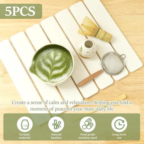 Vista 2 de Juego de batidor de matcha con cuenco matcha, batidor de bambú, tamiz, soporte para batidores, cuchara, kit de inicio de 5 piezas, kit de té