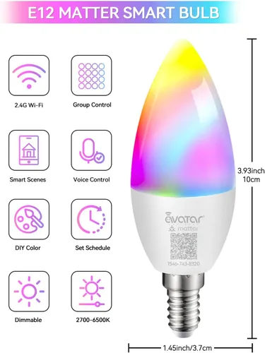 Vista 2 de Avatar Controls Bombilla inteligente E12, bombilla LED Matter compatible con Apple Homekit/Alexa, no requiere aplicación de terceros, requiere