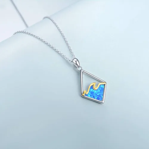 Vista 2 de YAFEINI Collar de plata de ley con diseño de océano con diseño de olas de océano, collar de dólar de arena con dije de ópalo creado para mujeres