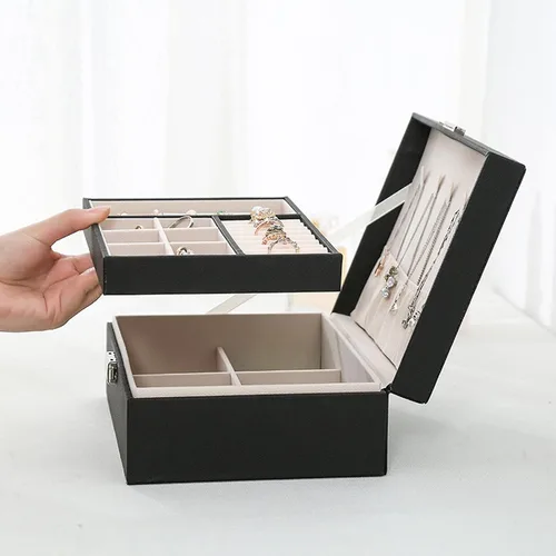 Vista 5 de ZUZ003A - Caja organizadora de joyas para mujeres y niñas, estuche de almacenamiento grande de 2 capas, soporte de exhibición de piel sintética
